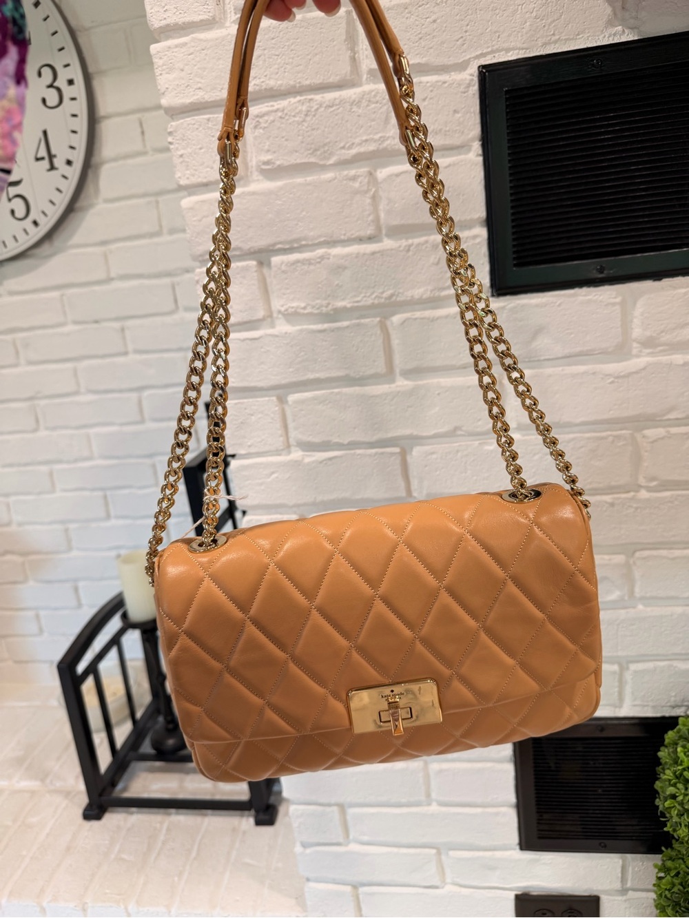 kate spade Quilted Tan Leather Shoulder Bag with Gold Chain